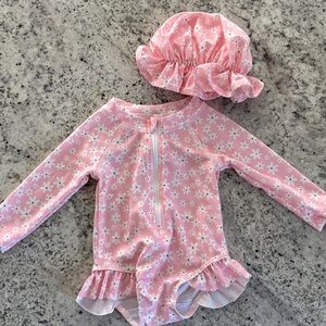 NWOT Pink Floral Baby Swimsuit with Hat